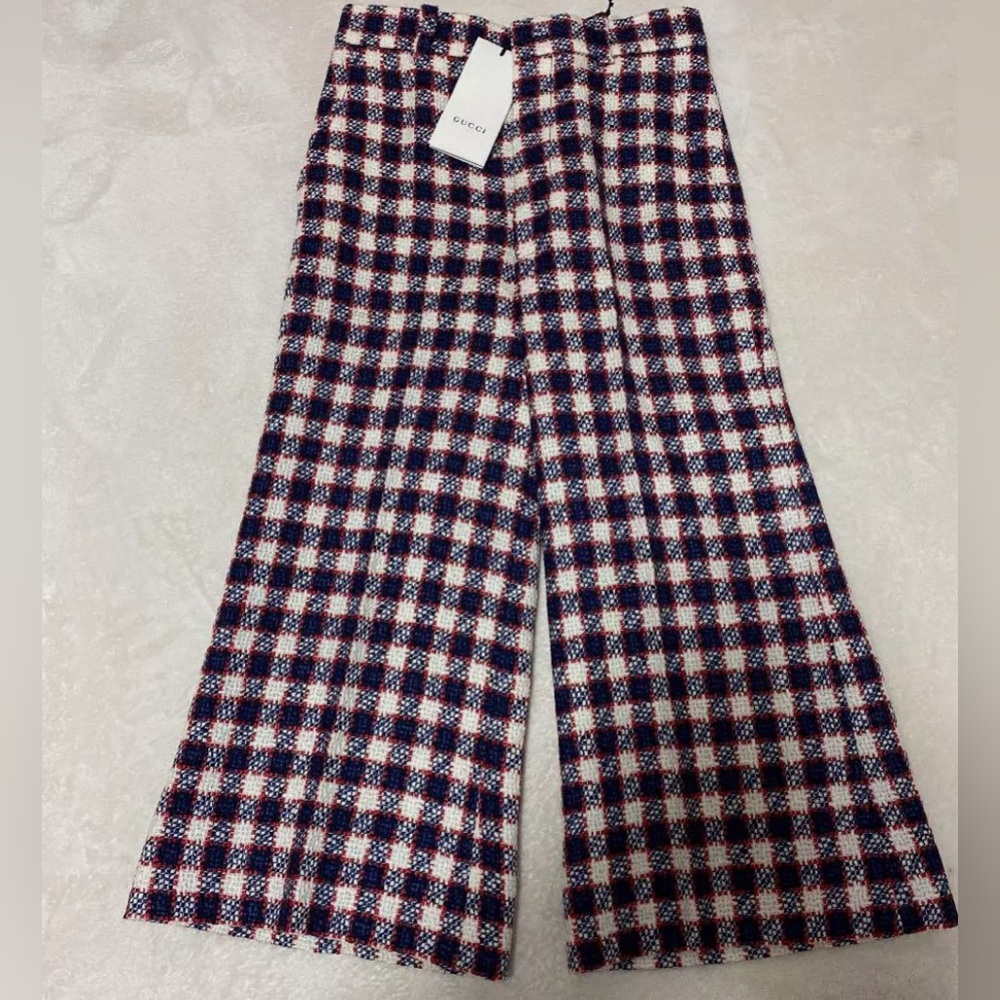 Gucci Wide Leg Checked Pants in Navy, White & Red